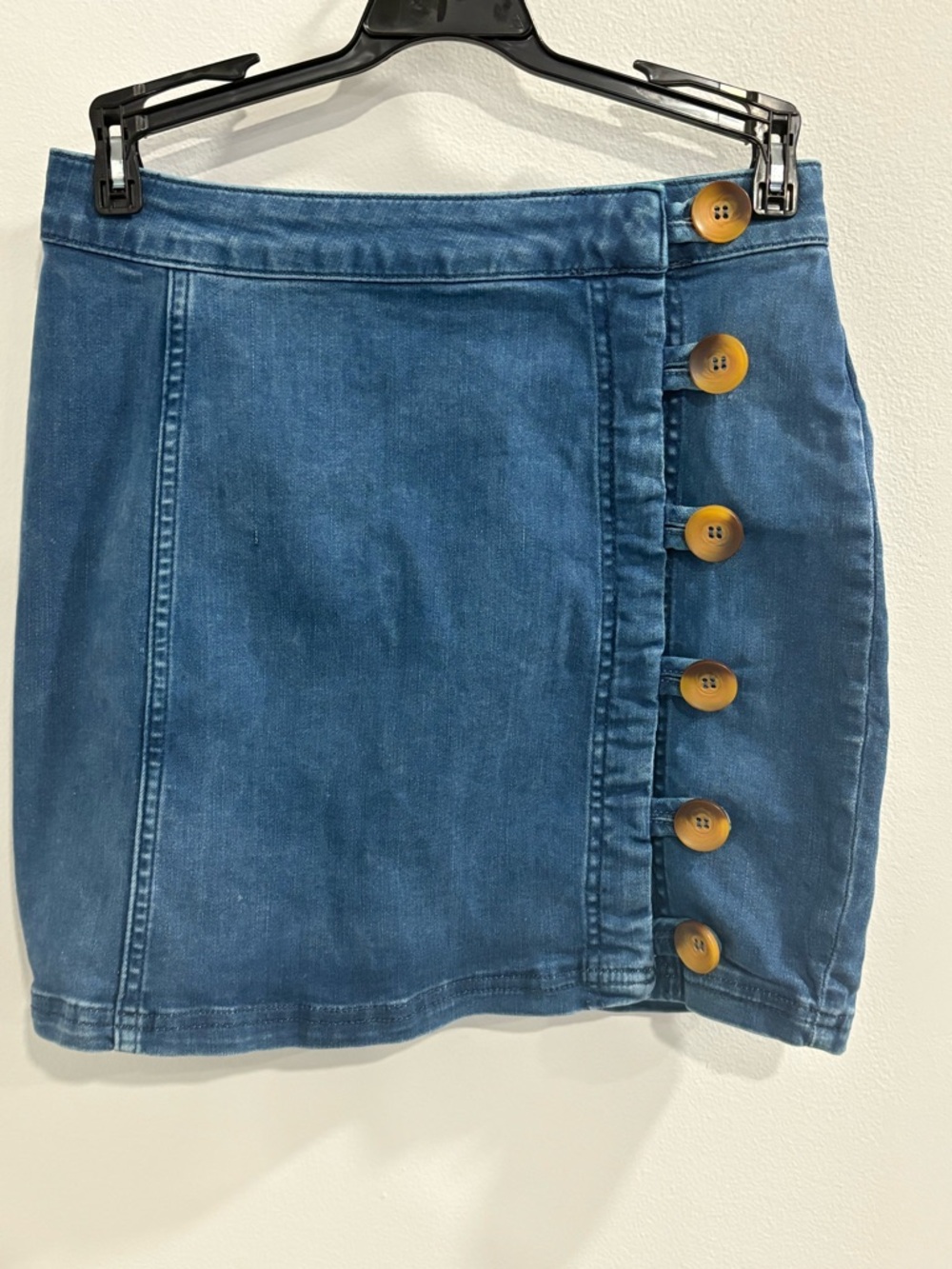 Free People Indigo Denim Mini Skirt with Tan Button Detail